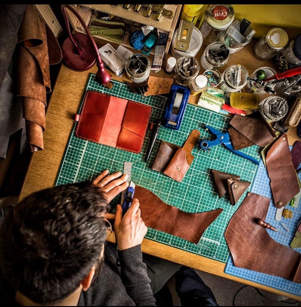 Overhead view of leather crafting